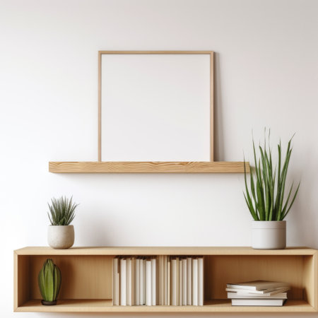 Interior design of living room with wooden shelf. Wall decor with grass in pot and mock up poster. Wooden frame over white wallの素材