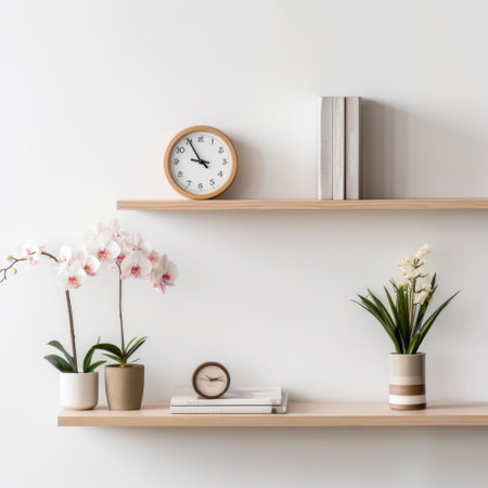 Interior design of living room with wooden shelf. Wall decor with clock, orchid flower plant and small vase. White wall with copy spaceの素材