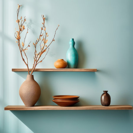 Interior design of living room with wooden shelf. Wall decor with decorative branch in vase. Turquoise wall with copy spaceの素材