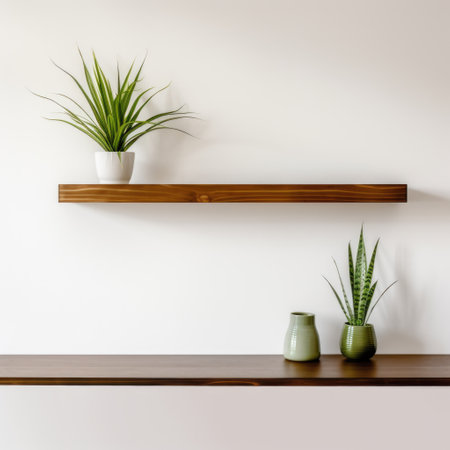 Interior design of living room with wooden shelf. Wall decor with green grass in white plant pot. White wall with copy spaceの素材