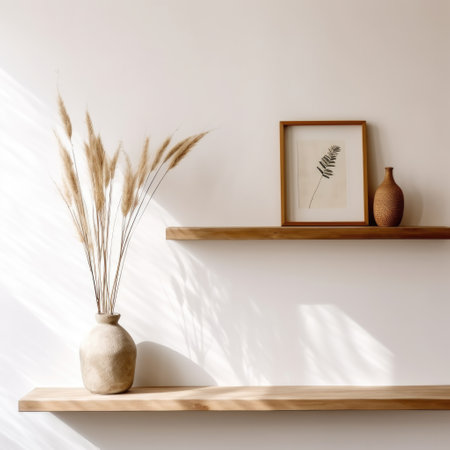 Interior design of living room with wooden shelf. Wall decor with pampas grass in decorative vase. White wall with copy spaceの素材