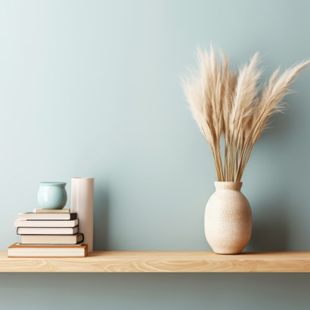 Interior design of living room with wooden shelf. Wall decor with pampas grass in decorative vase. Pastel blue wall with copy spaceの素材