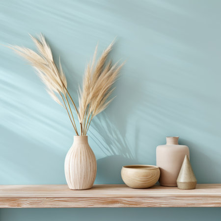 Interior design of living room with wooden shelf. Wall decor with pampas grass in decorative vase. Pastel blue wall with copy spaceの素材