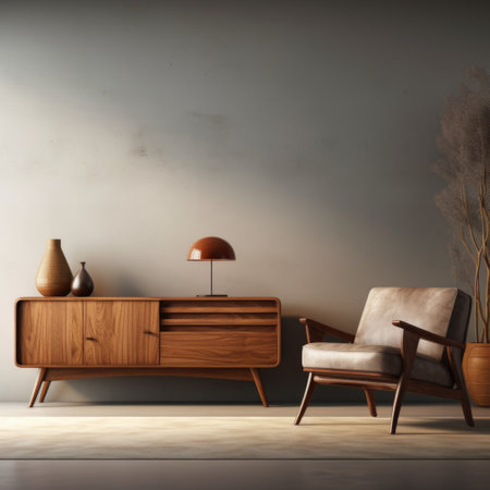 Interior design of living room with wooden sideboard and armchair 3d renderingの素材
