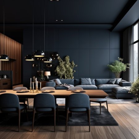 Interior design of modern apartment, living room with black stucco walls and dining room, panorama 3d renderingの素材