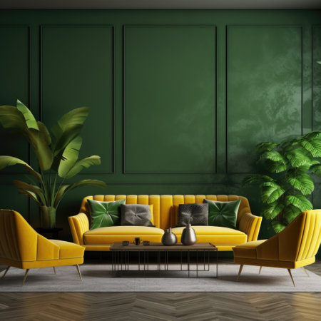 Interior design of modern apartment, yellow sofa in living room, dark green wall, wooden paneling, home design 3d renderingの素材
