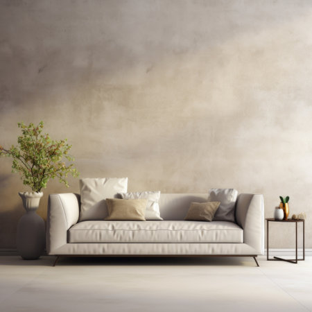 Interior design of modern room, beige sofa in living room, concrete stucco mock up wall, home design 3d renderingの素材