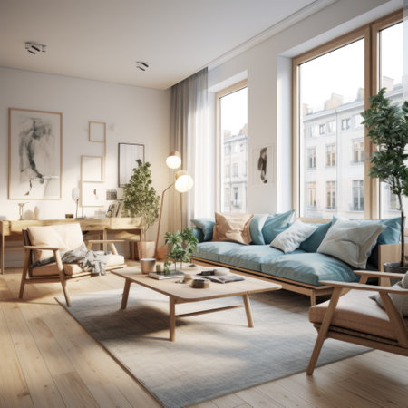 Interior design of modern Scandinavian apartment, living room 3d renderingの素材