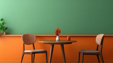 Interior design with wooden round table and chairs. Modern dining room with green and orange wall. Cafe or restaurant interior designの素材