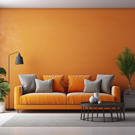 Interior with orange sofa in modern living room with mockup wall, home design, panorama 3d renderingの素材