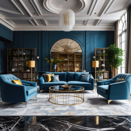 Blue sofa and armchairs in classic room. Interior design of modern living roomの素材