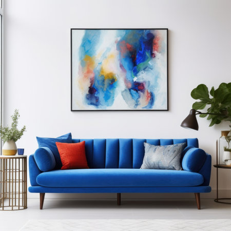 Blue sofa with colorful pillows against white wall with art posters frames. Mid-century style home interior design of modern living roomの素材
