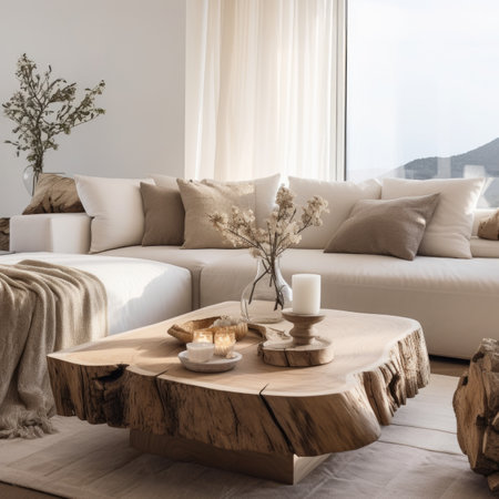 Beige sofa and rustic coffee table made from wood logs. Minimalist home interior design of modern living roomの素材
