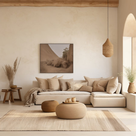 Boho minimalist home interior design of modern living room. Corner sofa in room with beige stucco wallsの素材