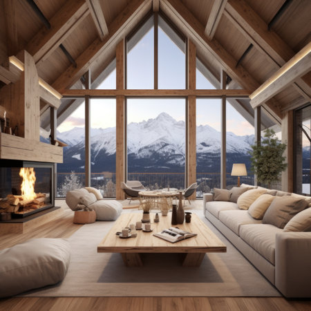 Luxury wooden chalet with fireplace. Interior design of modern living room with mountain viewの素材