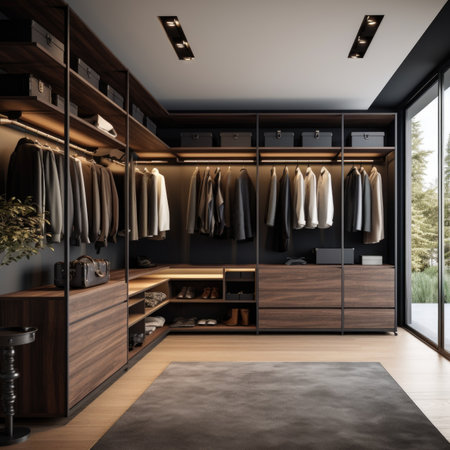 Modern minimalist men walk in wardrobe with clothes hanging on rods, shelves and drawers. Dressing room with space for storingの素材