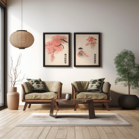 Sofa and barrel chairs against wall with posters. Japanese style interior design of modern living roomの素材