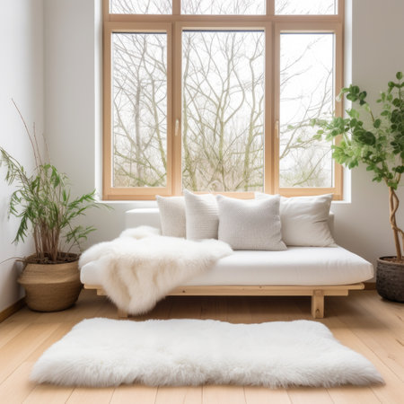 White sofa with wool blanket and fur pillow on rug against grid window. Houseplants on wooden floor. Scandinavian style interior designの素材