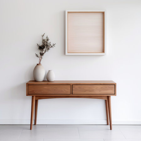 Wooden console table near white wall. Storage organization for home. Interior design of modern living roomの素材