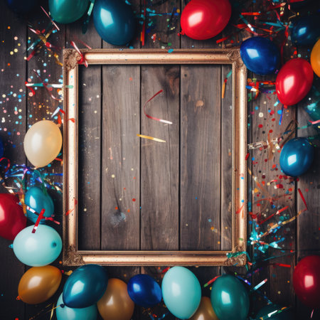 Wooden frame among colorful carnival or party balloons, streamers and confetti on rustic grunge wood planks with copy spaceの素材