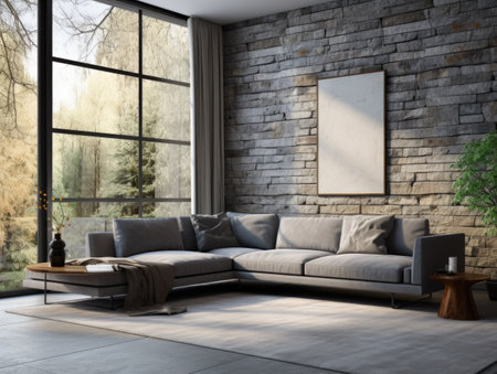 Corner sofa against grid window near grunge stone panel wall. Interior design of modern living roomの素材