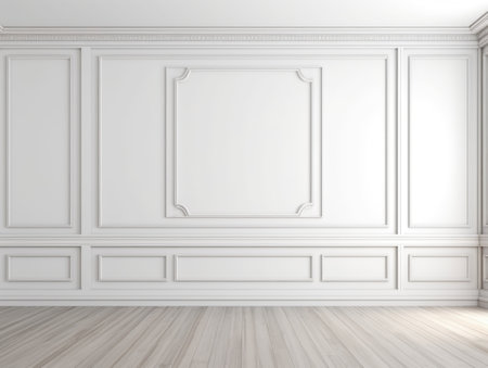 Empty room interior background, white paneling mock up wall. Wooden paneling and marble flooringの素材