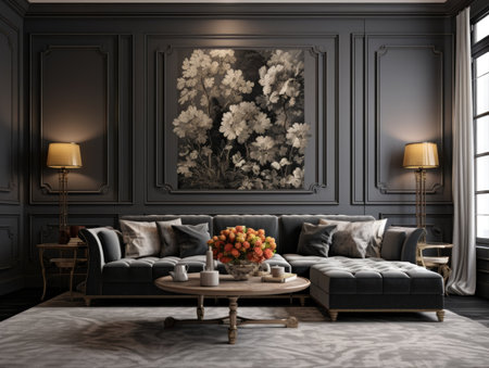 Gray corner sofa in room with black paneling walls. Neoclassical interior design of modern living roomの素材