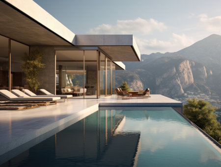 Modern minimalist concrete and glass house in mountains. Luxury villa with terrace and poolの素材