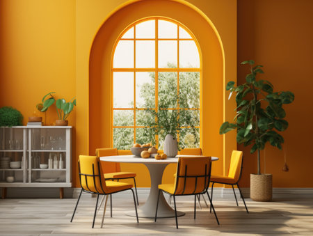Round dining table and orange chairs in room with arched window and yellow wall. Interior design of modern dining roomの素材