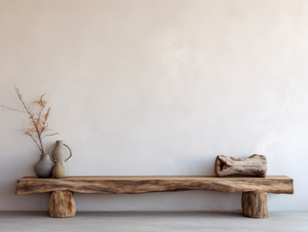Rustic aged wood log bench near stucco empty wall with copy space. Boho interior design of modern living roomの素材
