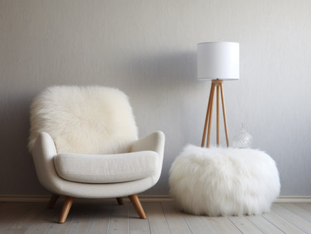 White fur armchair near wall and floor lamp. Interior design of modern living roomの素材