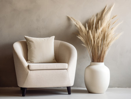 White upholstered barrel chair and vase with pampas grass near stucco wall. Interior design of modern living roomの素材