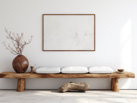 Wooden slab on stones as bench near white empty wall with copy space. Boho interior design of rustic living room in farmhouseの素材