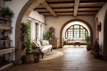 Arched ceiling and timber beams in farmhouse hallway. Rustic style interior design of entrance hall in country houseの素材