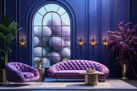 Blue tufted curved sofa, pouf and lounge chair against violet paneling wall and arched window. Art deco style home interiorの素材
