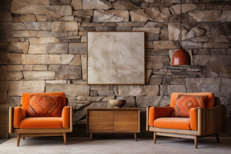 Beige lounge chair near orange loveseat sofa against wood and stone paneling wall. Mid-century style home interior designの素材