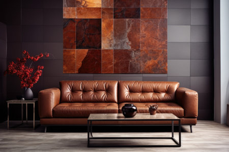 Brown leather sofa against tiled mosaic wall. Loft interior design of modern living roomの素材
