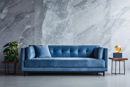 Blue velvet sofa near marble stone wall. Minimalist home interior design of modern living roomの素材
