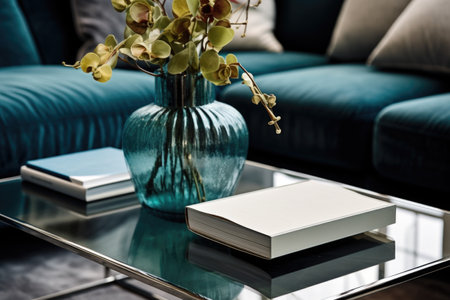 Books and vases close up. Glass coffee table on metal legs near teal velvet sofa. home interior design of modern living roomの素材