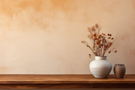 Wooden table with vase with bouquet of dried flowers near empty, blank terra cotta wall. Home interior background with copy spaceの素材