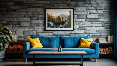 Blue sofa against stone tiled wall with canvas poster. Wooden rectangular coffee table between window and fireplaceの素材