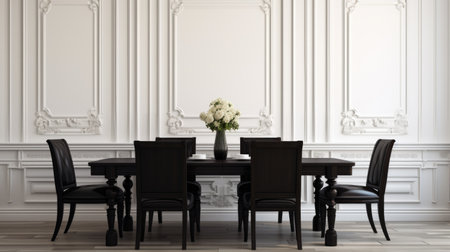 Black chairs and wooden dining table against of classic white paneling wall. Interior design of modern dining roomの素材