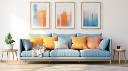 Blue sofa with colorful pillows against white wall with art posters frames. Mid-century style home interior design of modern living roomの素材
