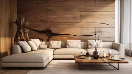 Elegant interior design of modern living room. Wooden paneling wall behind beige sofa and live edge coffee tableの素材
