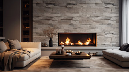 Fireplace decorated with stone tiles in minimalist interior design of modern living room with sofaの素材