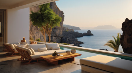 Luxury terrace with breath-taking view of the sea lagoon with cragの素材