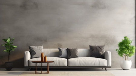 Modern interior design of apartment, living room with gray sofa over the concrete, stucco wall. Home interior. Loft style 3d renderingの素材