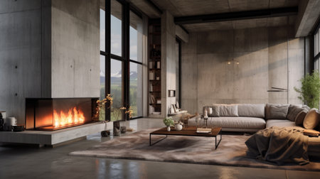 Spacious room with concrete walls and ceiling. Minimalist loft interior design of modern living room with fireplaceの素材