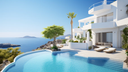 Traditional mediterranean white house with pool on hill with stunning sea view. summer vacation backgroundの素材