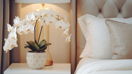 Vase with orchids on bedside table near bed with beige bedding. Art deco style interior design of modern bedroomの素材